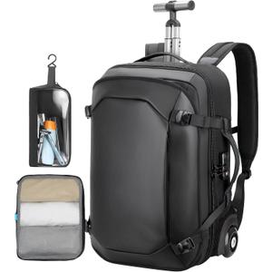 Rolling Laptop Backpack, Carry on Backpack with Wheels, Water Resistant Carry on Suitcase with 2 Packing Cubes, TSA Large Travel Wheeled Backpack for Men to Airline Work Business, Black