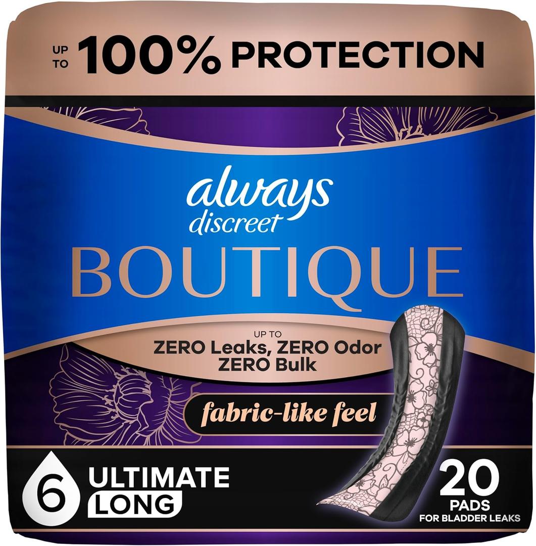 Always Discreet Boutique Adult Incontinence Bladder Leak Pads for Women, Ultimate Absorbency, Long Length, Up to 100% Bladder Leak Protection, 20 Count