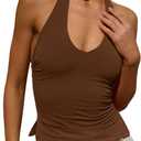 Tankaneo Womens Sexy Scoop Neck Halter Tops Backless Ruched Knit Tank Tops Summer Sleeveless Fitted Going Out Shirts (Brown, M)