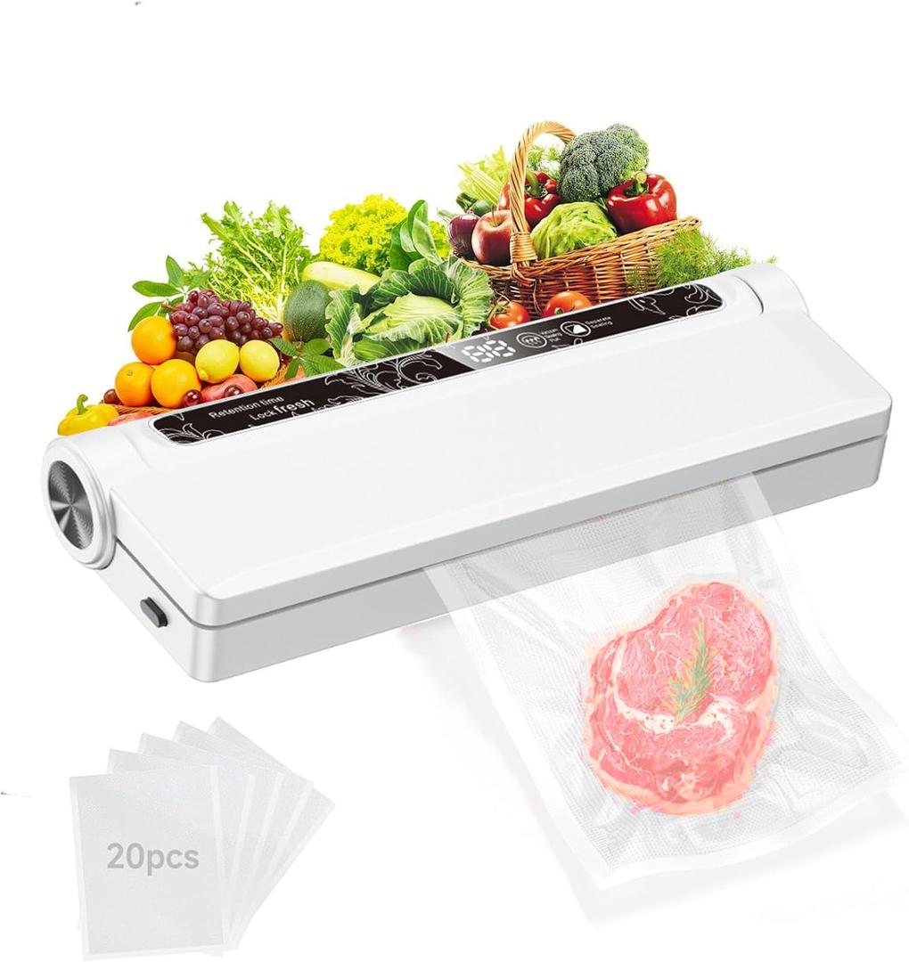 Vacuum Sealer Machine for Food, 75KPA Strong Suction, Moist/Dry Modes, 20 Vacuum Seal Bags for Food, Digital Countdown Timer, Compact Lightweight,with Starter Kits(White), One-Touch Automatic