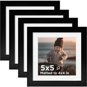 KINLINK 5x5 Picture Frame Black Set of 4, Wooden Square Photo Frames Matted 4x4 with Plexiglass for 4x4 with Mat or 5x5 without Mat for Table and Wall Display