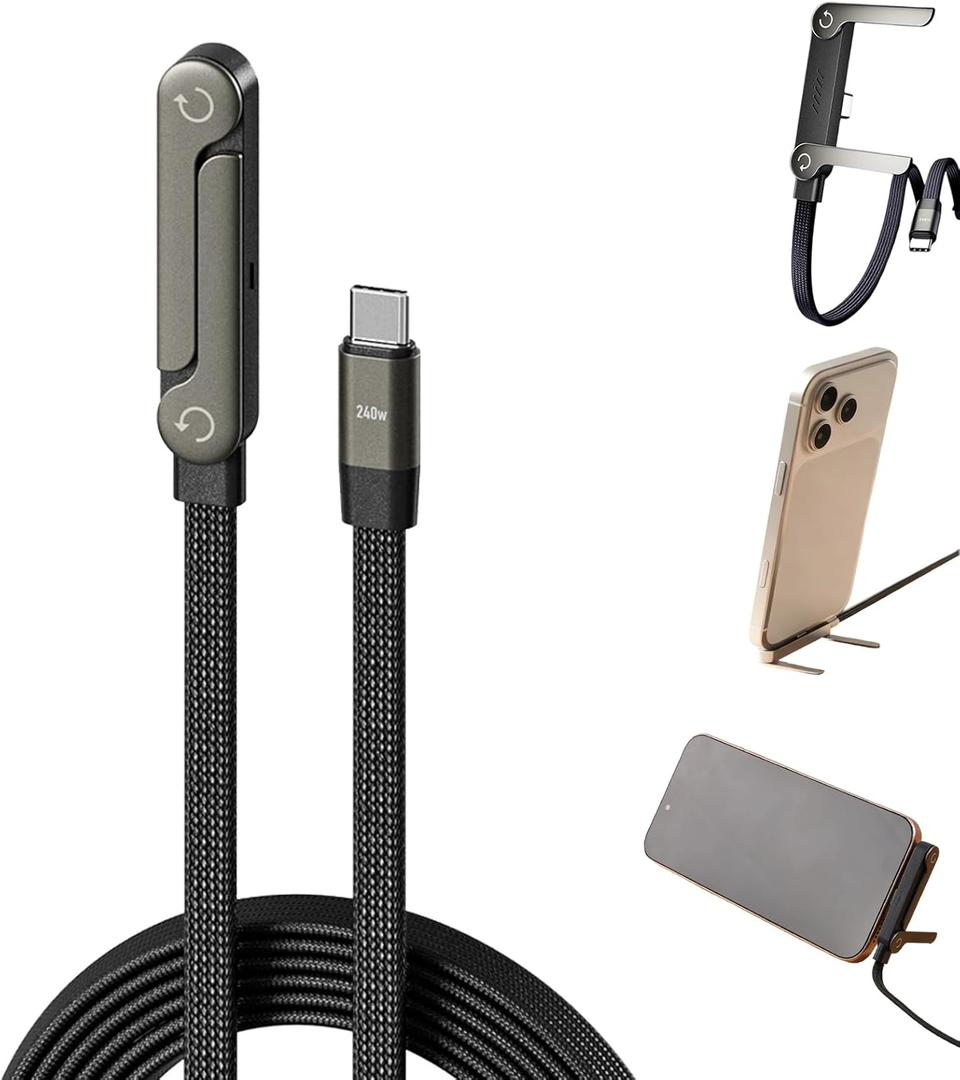 Sideways Phone Charger, 240W Fast Charging Cable, Invisible Stand Charging Cable, Built-in Phone Stand for Smartphones Tablets (1PC)