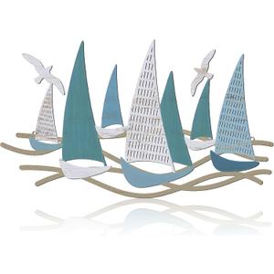 Pinkunn Metal Beach Wall Decor Hanging Sailboats Metal Sculpture Rustic Sailboat Coastal Nautical Theme Ocean Room Decor for Home Bathroom Pool Living Room Bedroom Outdoor Art, 15.8 inch