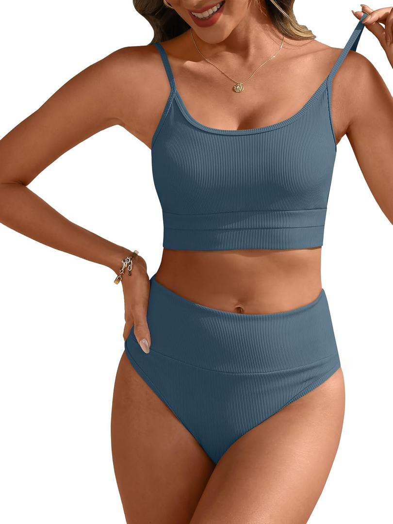 ANRABESS Women High Waisted Bikini Sets Color Block Summer Beach Vacation 2 Piece Bathing Suit Tummy Control Ribbed Swimsuit (Large, Grey Blue)