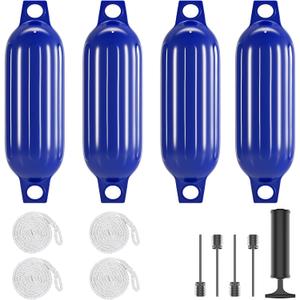 Boat Fenders 4 Pack 4.5"/5.5."/6.5"/8.5" Inflatable Ribbed Marine Bumpers, Twin Eye Design with 4 Ropes & Air Pump, UV & Saltwater Resistant, for Jon Boats, Pontoon Boats