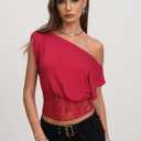 CSDAJIO Women's Summer Cap Sleeve Off The Shoulder Lace Top Asymmetrical Dolman Tee Boat Neck T Shirt (Red, M)