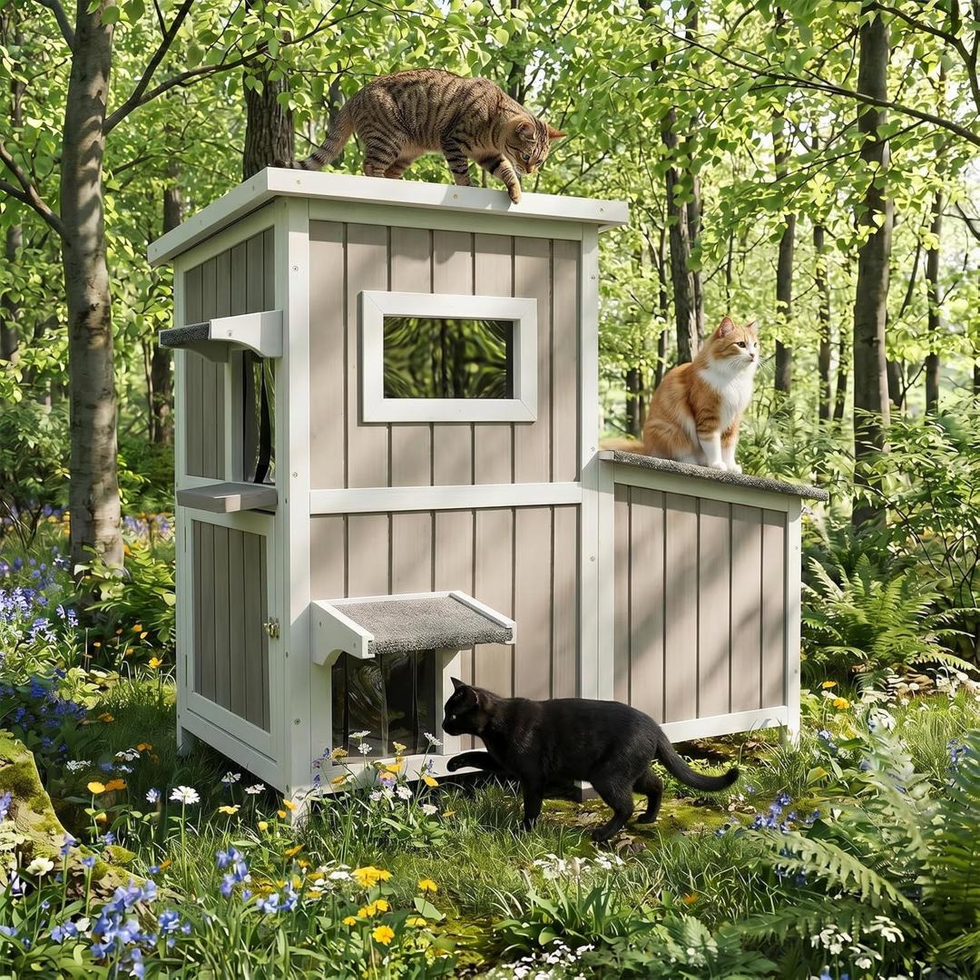 Outdoor Cat House for 2-3 Cats, 2-Story Weatherproof Wooden Cat Shelter with Feeding Station, Openable Asphalt Roof, 3 Rooms & 3 Escape Doors Gray