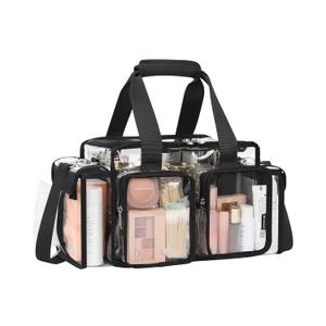 Relavel Clear Makeup Bag Professional Makeup Artist Kit Set Travel Cosmetic Organizer Case Transparent Stadium Approved Tote Bag Toiletry Lunch Duffle Work Shoulder Bag with Adjustable Dividers, Black