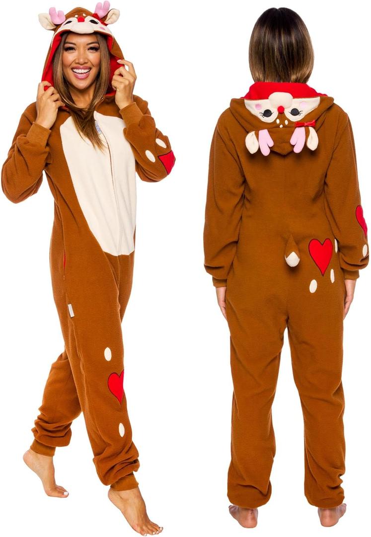 Women's Slim Fit Reindeer One Piece - Plush Adult Holiday Costume Jumpsuit by FUNZIEZ! (Large)