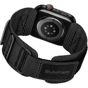 SUNFWR Rugged Nylon Band for Apple Watch Ultra 3&2&1 49mm 46mm 45mm 44mm 42mm Men, Velcro Tactical Military Strap for iWatch Series 11/10/9/8/7/6/5/4/3/2/1/SE (BlackTags/Black)
