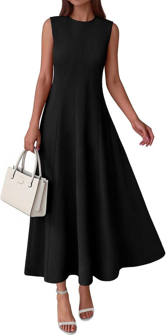 PRETTYGARDEN Sleeveless Crewneck Fall Maxi Dresses for Women with Pockets (Black, L)