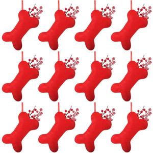 Soulchen 12 Pcs Red Dog Christmas Stocking, Non-Woven Fabric Christmas Stocking for Dogs, 7.87 Inch Bone Shape Pet Puppy Xmas Hanging Decor