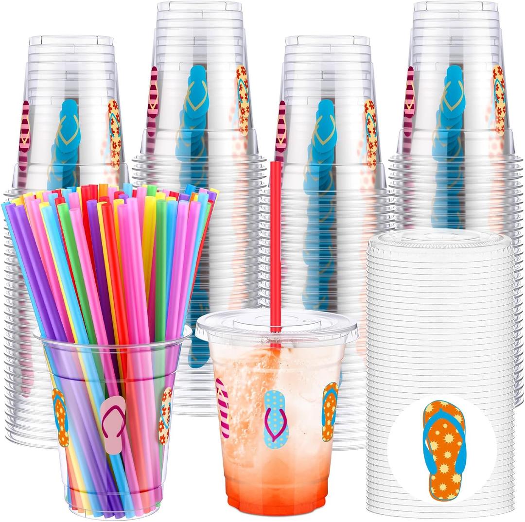 100 Sets 12 oz Summer Disposable Plastic Bulk Cups with Lids and Straws Hawaii Laua Cups Slippers Sandals Flops Pattern Design for Hawaiian Parties Pool Beach Holiday Supplies