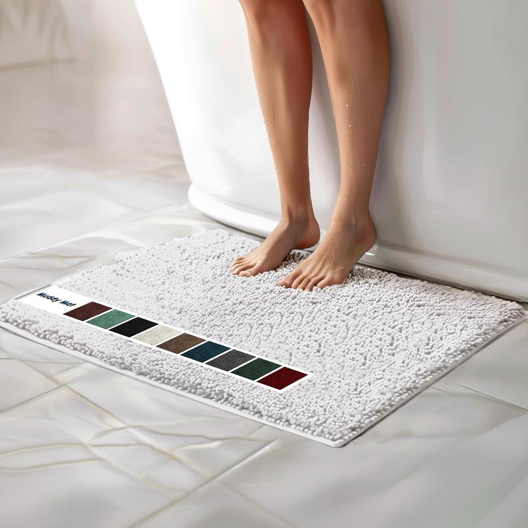 Muddy Mat® | Chenille Bathroom Rugs Quick Dry Microfiber Mats Non Slip Washable, Extra Thick, Soft and Highly Absorbent Bath Mats for Bathroom, Kitchen, and Shower Floor - White 24"x36"