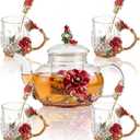 Maxdot 5 Pcs Floral Glass Tea Set with Teapot and Infuser, 14 oz Vintage Flower Teapot with 4 Rose Enamel Cups 3 oz and Spoons, Tea Party Set, Gift for Women Mom Grandma