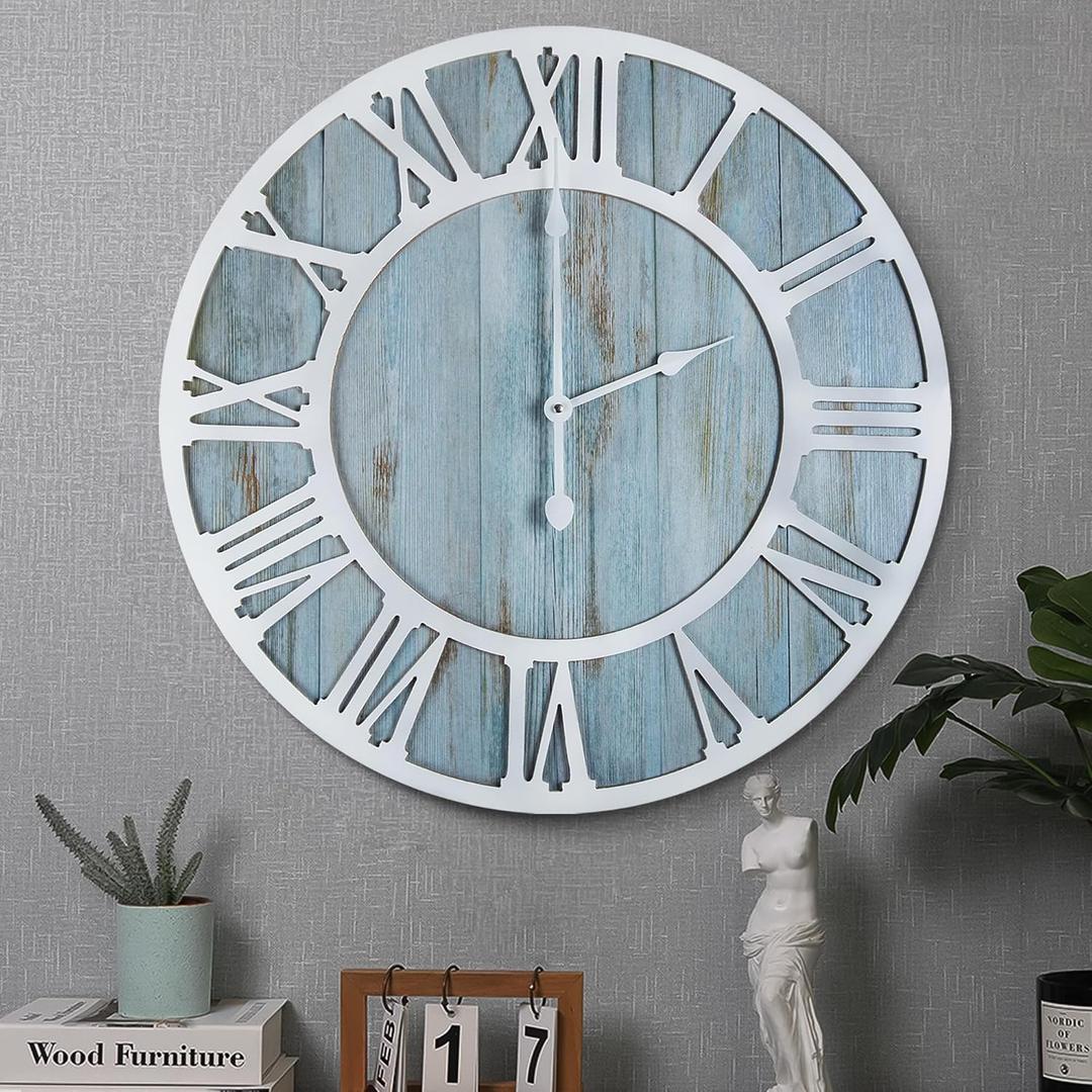 1st owned Wall Clocks for Living Room Decor,24" Vintage,Round Silent Non Ticking,Black Metal,Modern Wood Clocks for Home Bedroom,Kitchen,Garden,Office,Cafe,Modern Wall Decoration -Roman Numerals (Blue)