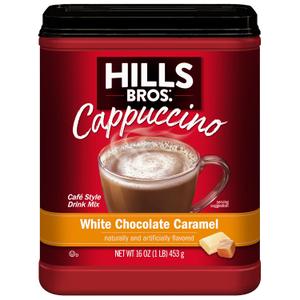 Hills Bros. Cappuccino Mix Rich, Frothy Coffeehouse-Tasting Instant Drink Mix Quick and Easy Preparation Perfect for Hot & Iced Drinks & Creaming Coffee White Chocolate Caramel, 1 Pack of 16oz (EXP 08/26/26)