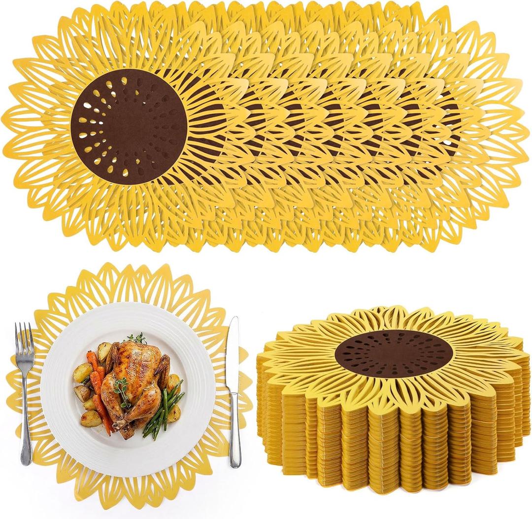 Havawish 50 Pcs Sunflower Placemats Paper Disposable 13 Inch Die-Cut Bulk Round Paper Place Mats Sunflowers Placemat Disposable Table Mats Decoration for Sun Flower Spring Dinner Wedding Birthday