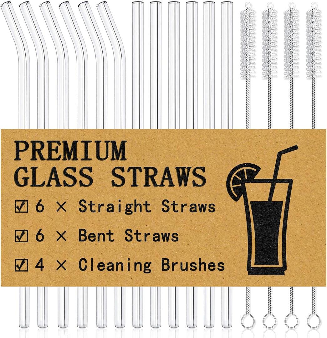 Piteno 12-Pack Reusable Glass Straws Set, Clear Glass Drinking Straws, 8.5''x10MM, Set of 2 Straight and 6 Bent with 4 Cleaning Brushes, Perfect for Smoothies, Milkshakes, Juice, Tea