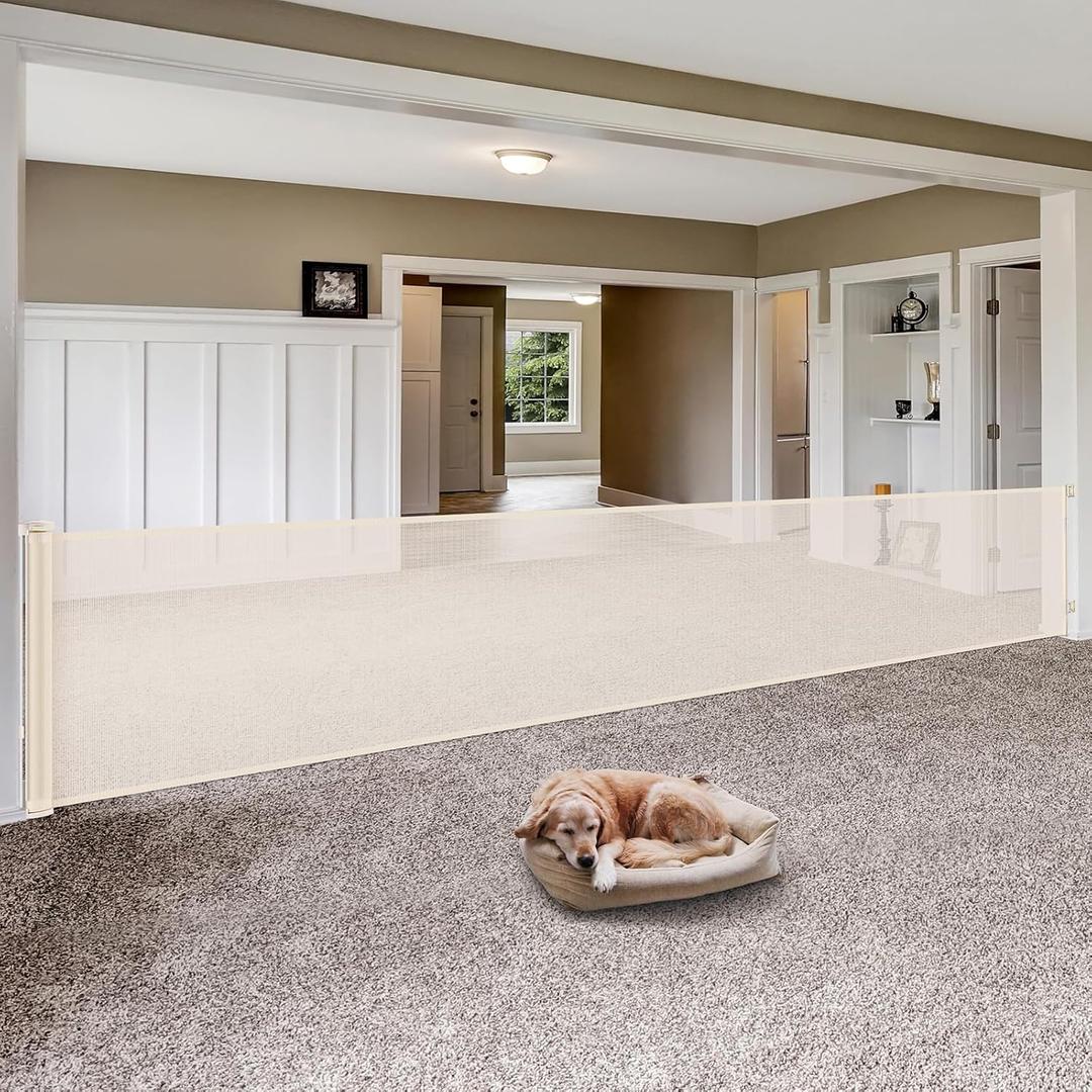 145 Inch Retractable Baby Gates Extra Wide Retractable Dog Gate for Large Openings  Indoor Extra Long Baby Gate Retractable Fence Outdoor Mesh Dog Gate Retractable Pet Gate, Beige