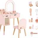 Kids Vanity Set with Lighted Mirror & Pretend Play Accessories, Pink Toddler Makeup Table and Chair Set with Storage Drawer, Princess Dressing Table for Little Girls Ages 3+, 23.6"L x 11.5"W x 36.2"H
