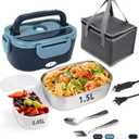 Electric Lunch Box, 12V/24V/110V Portable Food Warmer with SS Fork & Spoon for Car/Truck/Office, 80W Self Heating Lunch Box with 1.5L 304 Stainless Steel Container & 0.45L PP Fruit Box Blue