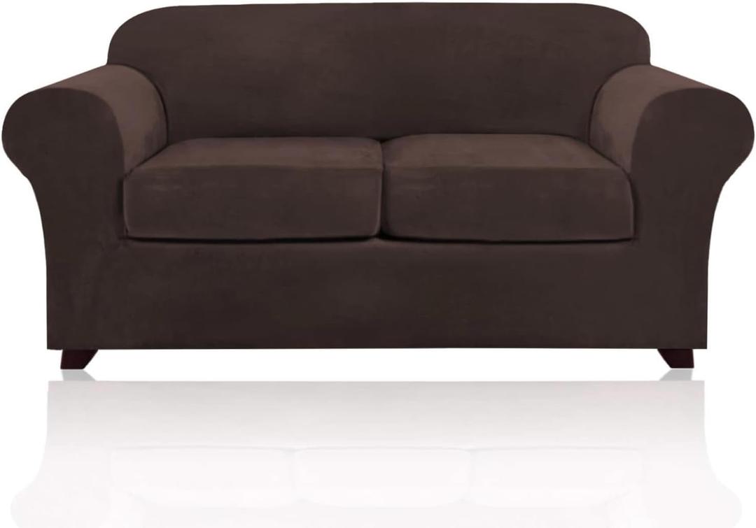 PrinceDeco Velvet Couch Cover Loveseat Covers for 2 Cushion Couch 3 Piece Sofa Covers for Dogs Washable Loveseat Covers Width Up to 72 Inch No Slip Stretch Sofa Slipcover (Medium, Brown)