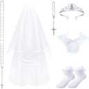 Funtery 6 Pcs First Communion Veils for Girls Catholic Set 1st Communion Wreath Veil Headpiece Sock Necklace Bracelet Kid