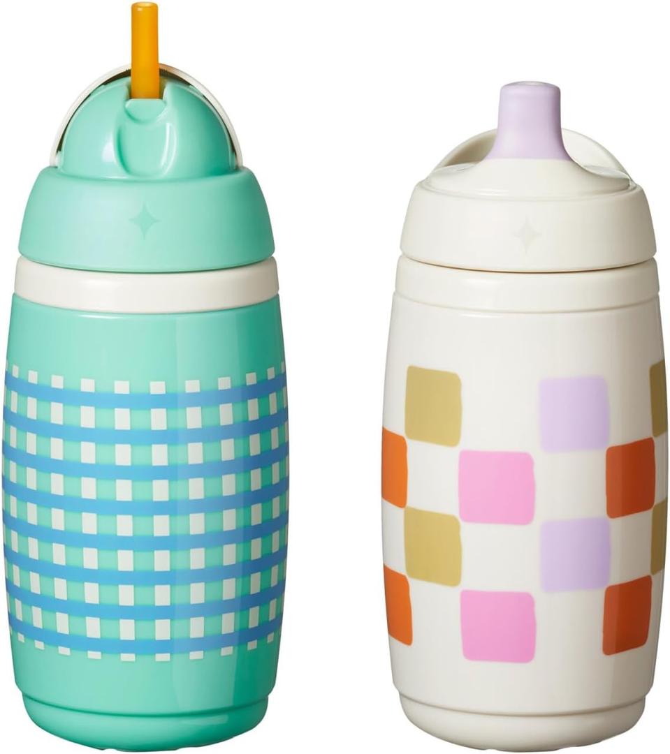 Tommee Tippee Active Straw Toddler Cups, 9 oz, Insulated Sippy Cups For Toddlers 1-3, Silicone Straw and Leak-Proof Valve, Mint and Beige, Pack of 2