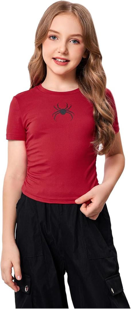 Girl's 2 Packs Graphic Tees Short Sleeve Crew Neck Crop Tops Slim Fit Summer Cute Tees (Red Black)