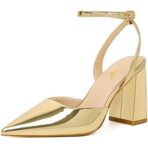 RIBONGZ Block Heels for Women Closed Pointed Toe Heeled Slingback Chunky High Heel Ankle Strap Pumps Patent Leather Comfort Dressy Shoes for Work Party Prom Wedding Bridal Dress Size 12