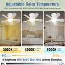 17.5" Socket Fan Light with Remote, 25W 1600 Lumens 3 Colors 3000-6000K Small Ceiling Fans with Lights 6 Speed Light Bulb Fan for Bedroom, Living Room, Kitchen, Garage