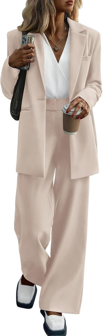 KIRUNDO Women Suits 2 Piece Set Business Casual Dressy Oversized Blazer Jacket and Wide Leg Dress Pantsuits Formal Outfits (Medium, Beige)