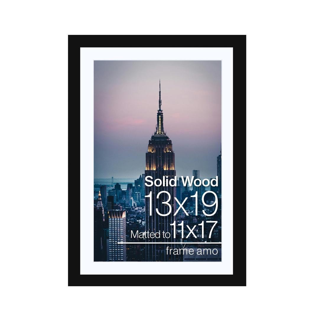Frame 13x19 Black Solid Wood Picture Frame, White Mat with 10.5x16.5 opening for 11x17 Image, 1 Inch Border, Acrylic Front