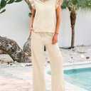 BTFBM Women Summer 2 Piece Sets Airport Outfits Ruffle Cap Sleeve Quarter Zip Top Wide Leg Pants Lounge Set Tracksuits, S 