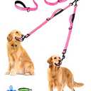 PetBonus Double Dog Leash, No Tangle Dual Leash, Reflective Walking Training Lead, 4 Comfortable Padded Handles for 2 Dogs with Collapsible Bowl and Waste Bags (Pink, Large)
