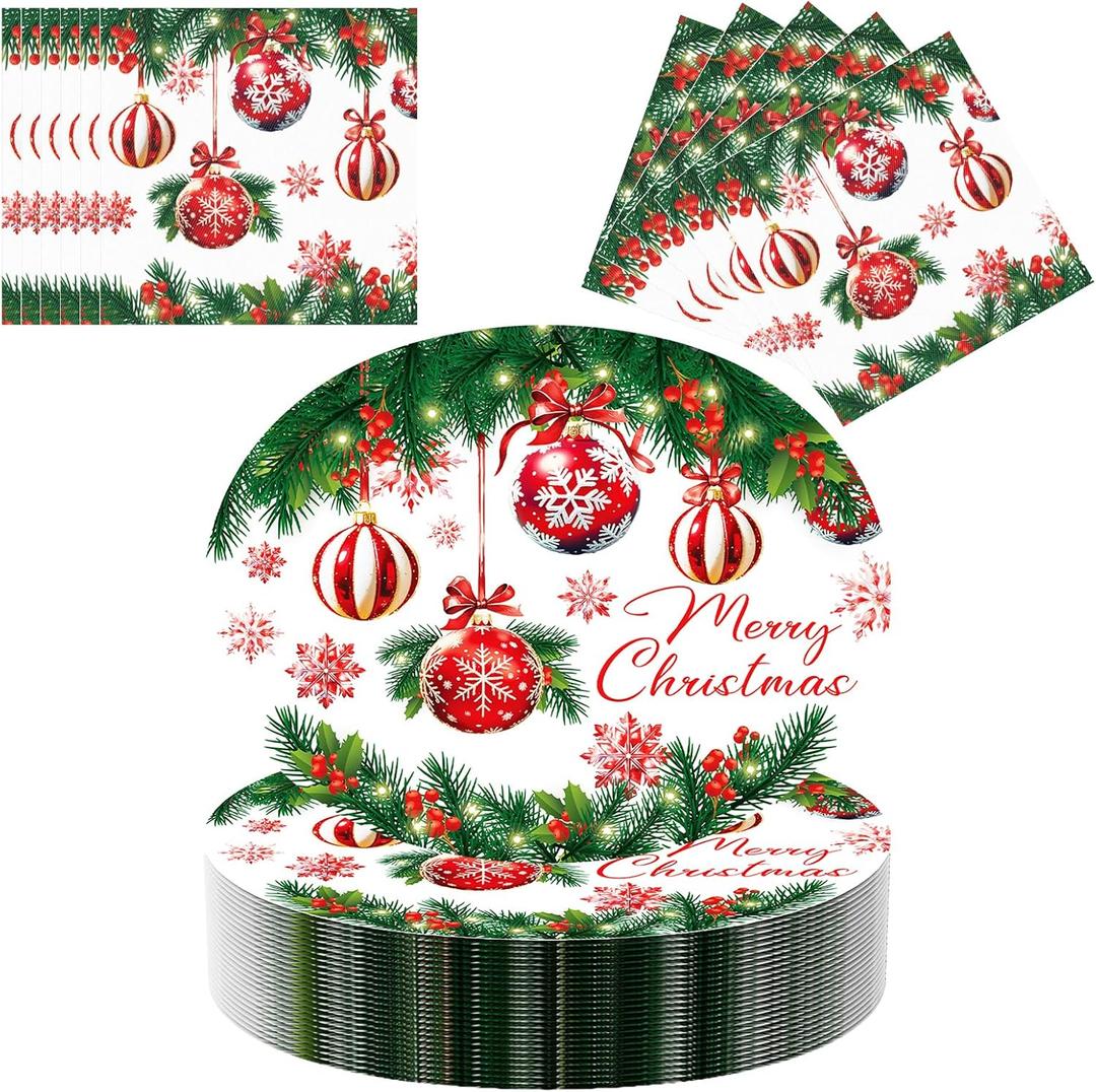 100 Pcs Christmas Oval Paper Plates and Napkins Set, 10" x 12" Large Disposable Plates for Christmas Party Supplies