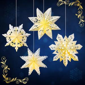 Riakrum 5 Pcs Christmas Snowflake Paper Lantern with 7 Light Star Paper Lantern Paper Lamp Party Hanging Decoration for Christmas Weddings Christmas Trees Birthday Holiday