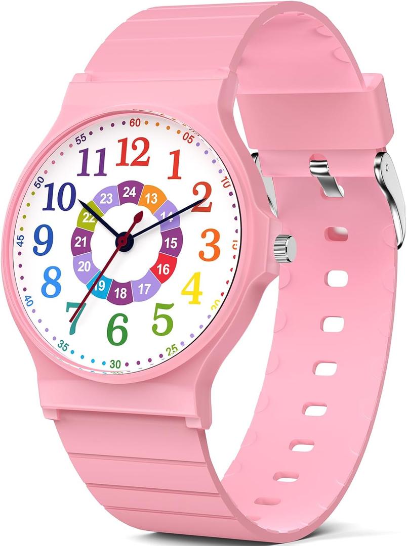Kids Analog Watch Boys Girls, 30M Waterproof, Sports Watch for Boys, Easy to Read Children's Thin Dial Wrist Watches with Soft Band, for Ages 5-15 Kids Great Birthday Gifts Christmas Day Pink Colorful Dial