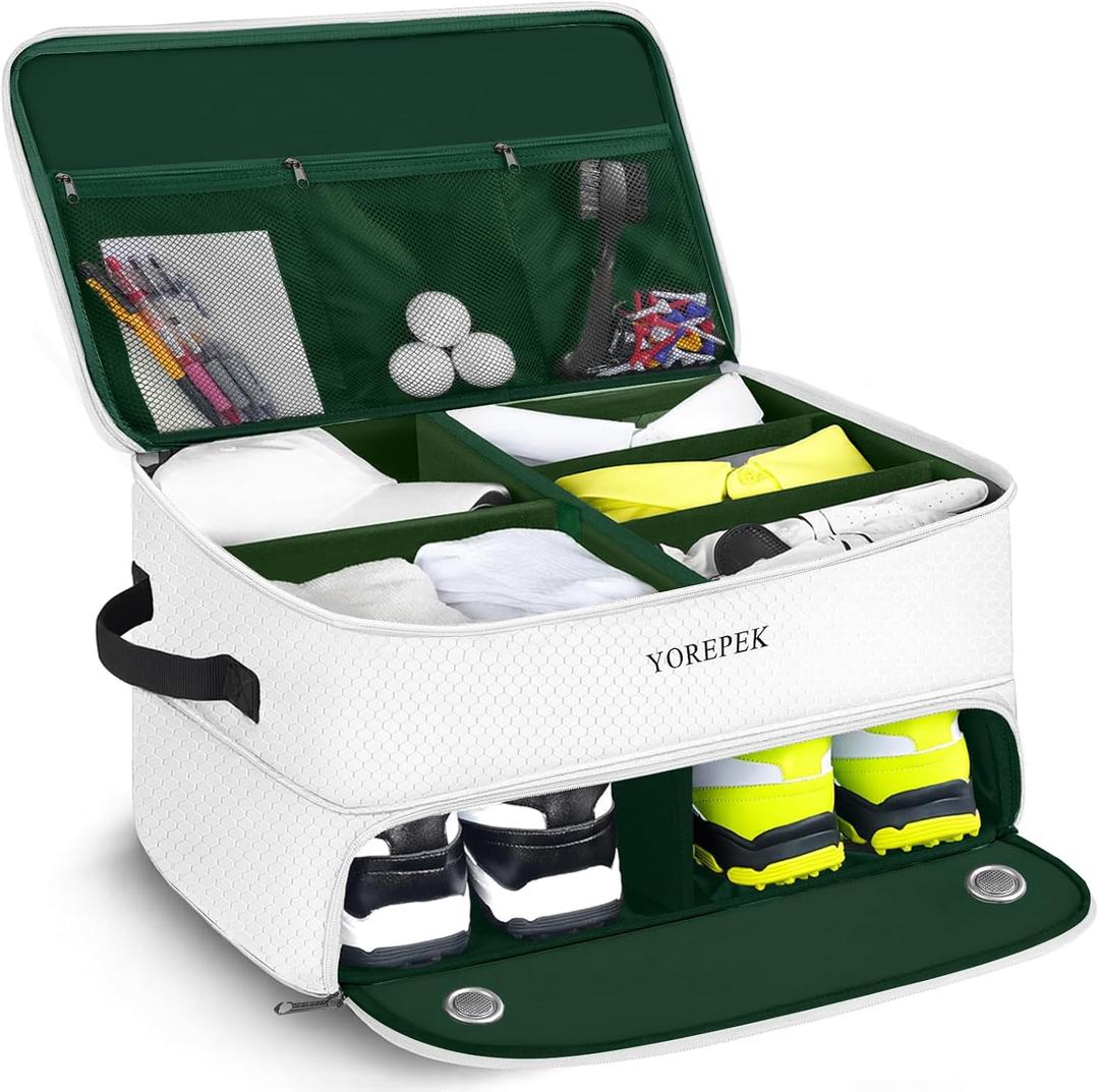 YOREPEK 2 Layer Golf Trunk Organizer, Golf Gifts for Men with Separate Ventilated Compartment for 2 Pair Shoes, Waterproof Car Trunk Locker for Balls, Tees, Clothes, Gloves, Gifts for Golfers (Standard-White)