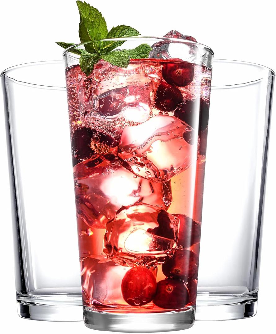 Drinking Glasses Set. Highball Glass Cups 17 oz by Home Essentials Water Colins Cooler Beverage Glassware. For the Bar, Beer, Juice, Iced Tea, and Cocktails Dishwasher Safe (Set of 4)