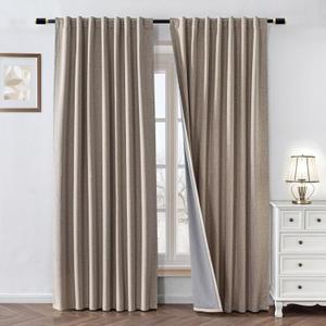 100% Blackout Curtains 96 inch Length 1 Panel Faux Linen Long Drapes for Bedroom Living Room Black Out Room Darkening Curtain Thermal Insulated Back Tab Rod Pocket(W70 x L96, Light Beige)