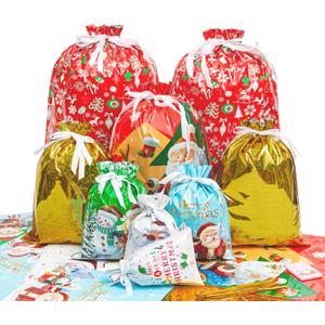 Christmas Gift Bags, 24pcs Drawstrings Christmas Gifts Bags Bulk Assorted Sizes, Reusable Plastic Xmas Presents Wrapping Holiday Goody Bag With Ribbon Ties&Tags, Extra Large/Big/Medium/Small Size
