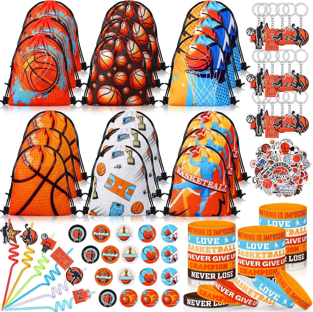 Sadnyy 140 Pcs Basketball Party Favors Birthday Party Decorations Supplies Basketball Drawstring Bags with Silicone Bracelets Keychains Straws Button Pins Stickers for Goodie Bags Stuffers