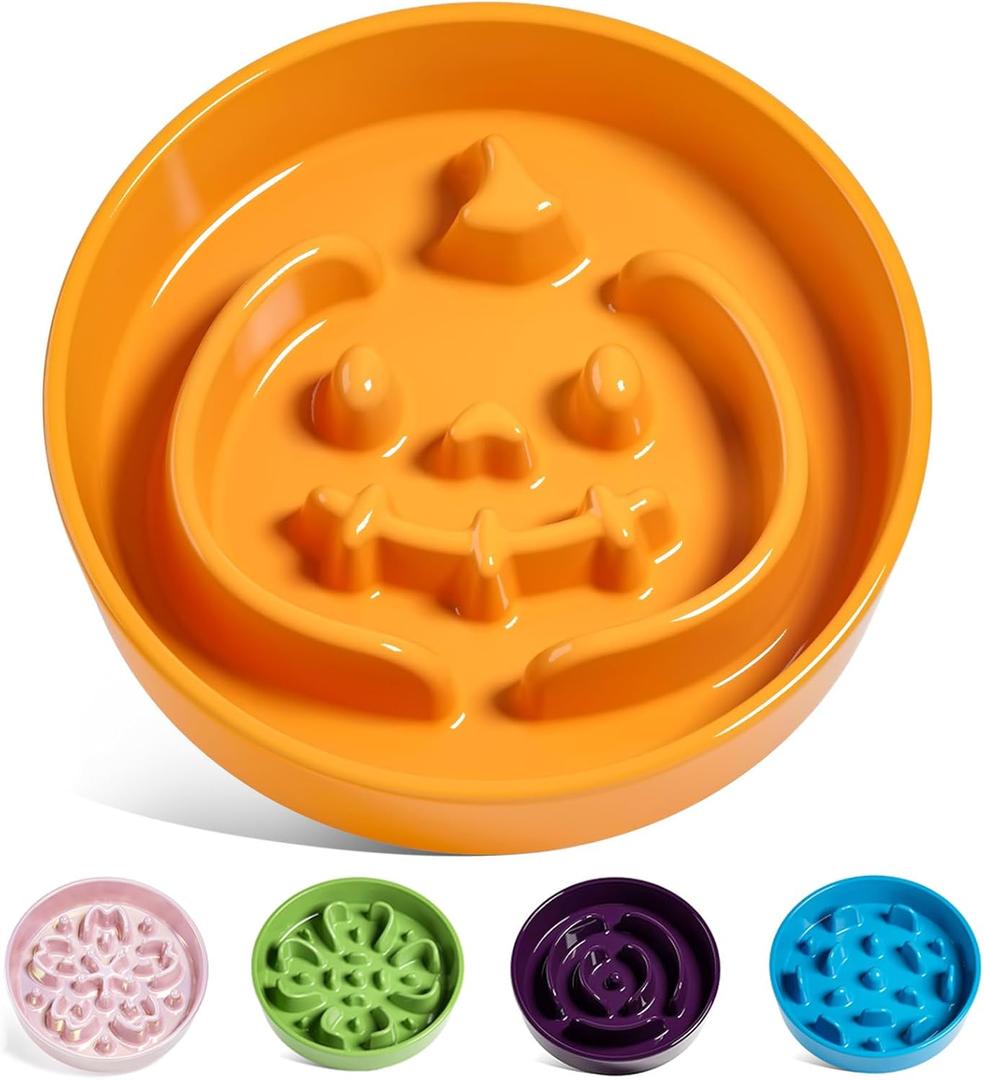 LE TAUCI Ceramic Slow Feeder Dog Bowl for Small Medium Dogs & Puppy, 1.5 Cup Puzzle Food Dish to Slow Down Eating, Pumpkin Orange