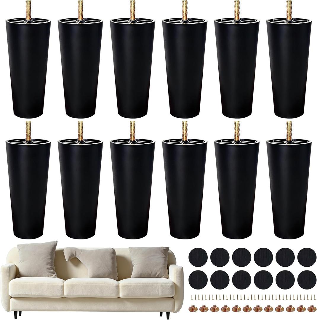 FabricJoy 12 Pack 8 Inch Plastic Furniture Legs Replacement Couch Legs Chair Feet Dresser Sofa Table Cabinet Bed Furniture Feet with M8 T-Nuts Screws Tapered for Home DIY Projects