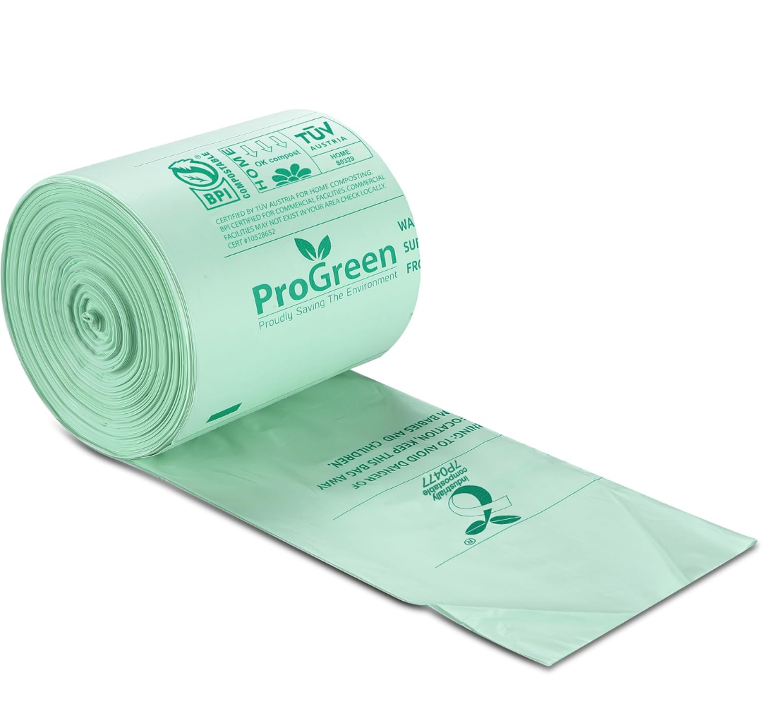 Compostable Trash Bags, Extra Thick, Compost Kitchen Bin Bags, Food Scraps Yard Waste Bags, ASTM D6400 BPI and TÜV AUSTRIA Certified (6 Gallon, 2 Pack of 100each)