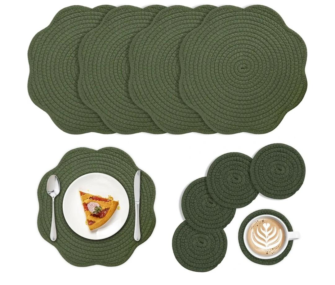 Set of 8 St. Patrick's Day Round Braided Placemats with Coaster, 12" Dark Green Cotton Rope Woven Placemat with Scalloped Edge Heat Resistant Washable Table Mat for Weeding Party Kitchen Dining Table
