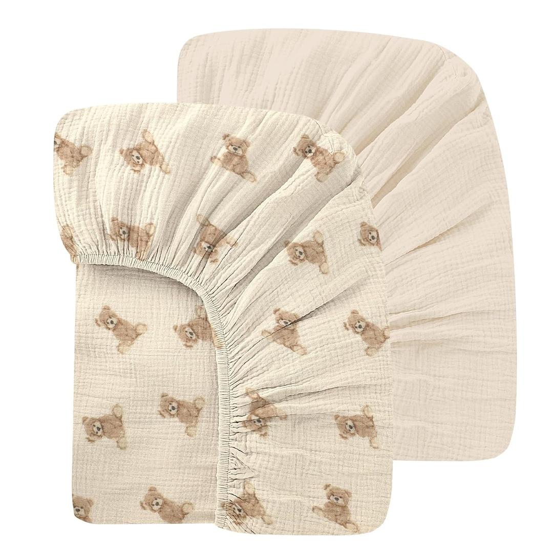 Premium Soft Cotton 2 Pack 52x28 Inches Muslin Crib Sheets Fitted Crib Mattress Sheet for Baby Girls & Boys, Soft Boho Neutral Toddler Bed Sheets Fits Well Standard Size Crib Mattress 28x52 Inches (F - Teddy Bear & Oat)
