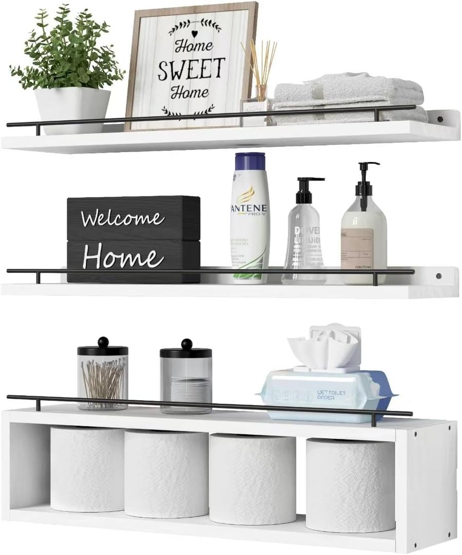 WOPITUES Floating Shelves for Wall 24 inch with Cube Shelf, Wall Shelves with Metal Rail for Bathroom Decor, Bathroom Organizers and Storage, Over Toilet Shelves, Toilet Paper-White (23.6 inch)